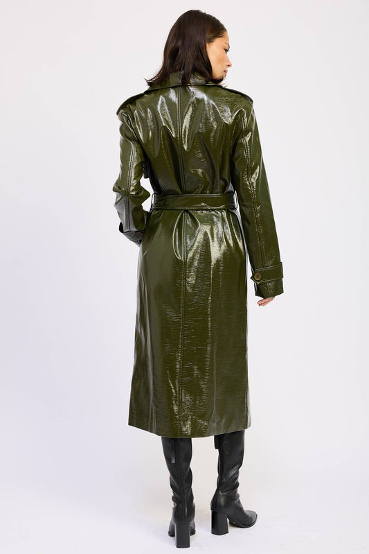 Anise Olive Green Faux Leather Trench Coat