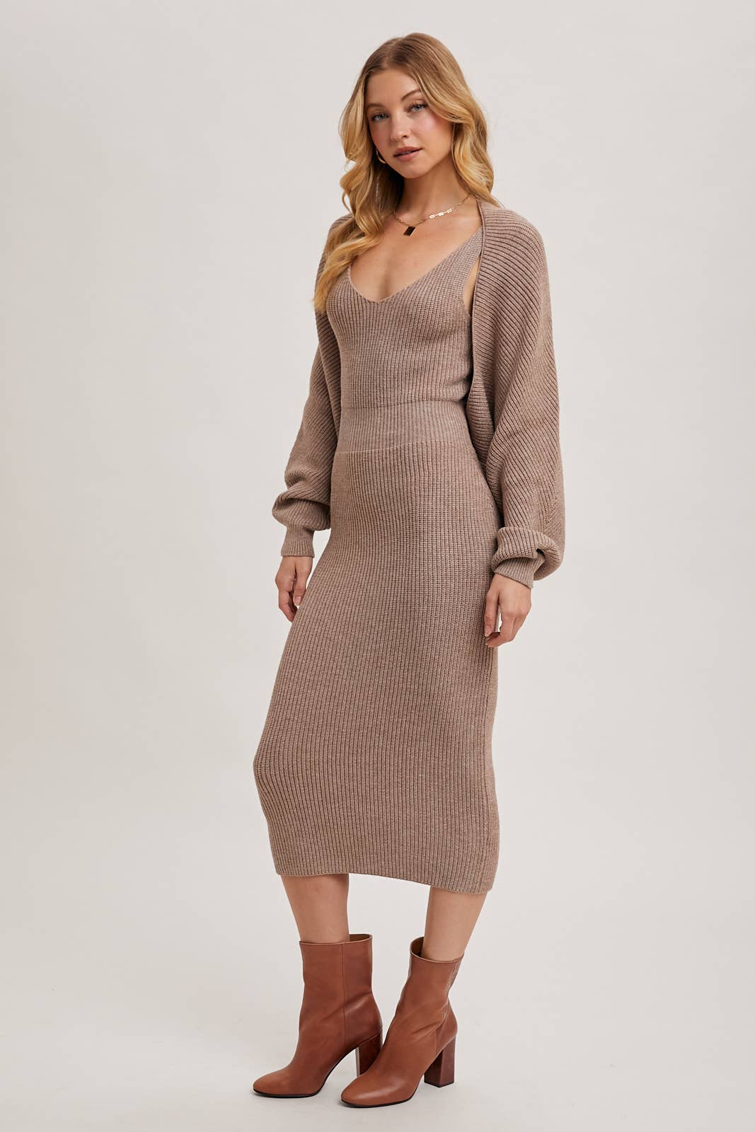 Kenya Two-Piece Knit Midi Dress + Sweater Shrug Set