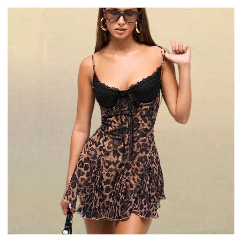 Leopard Print Lace Trim Sleeveless Mini Dress