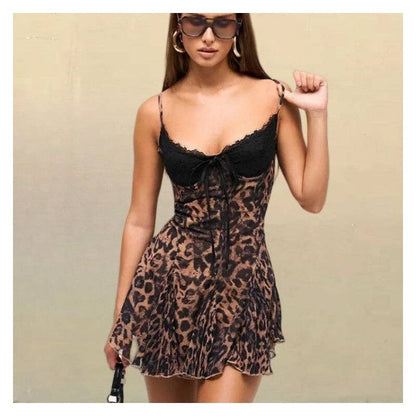 Leopard Print Lace Trim Sleeveless Mini Dress