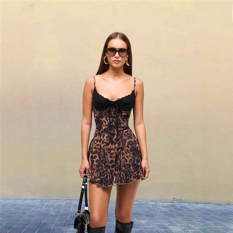 Leopard Print Lace Trim Sleeveless Mini Dress