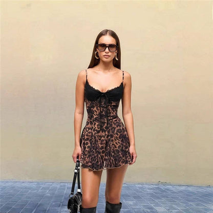Leopard Print Lace Trim Sleeveless Mini Dress