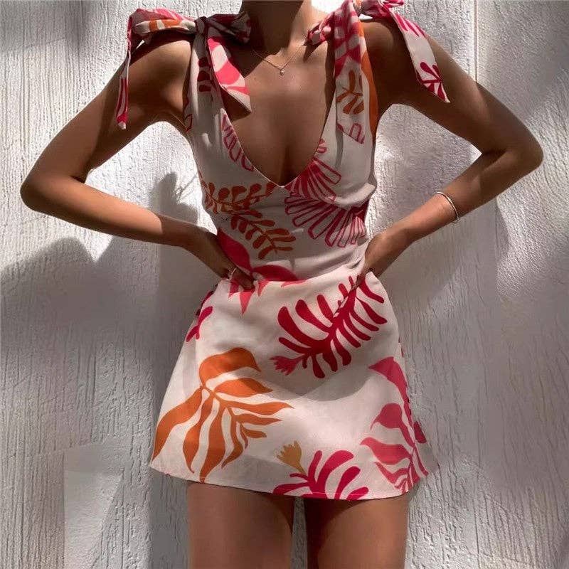 Sleeveless Tie-Waist Mini Dress With Floral Print