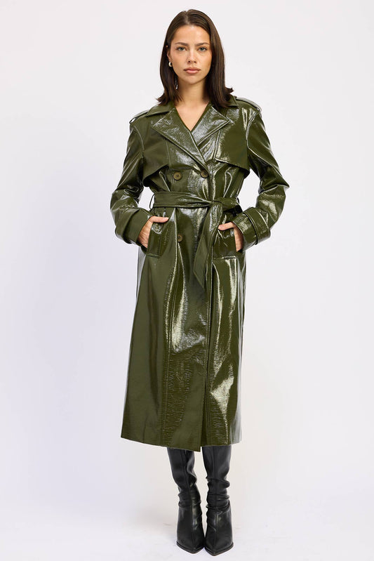 Anise Olive Green Faux Leather Trench Coat