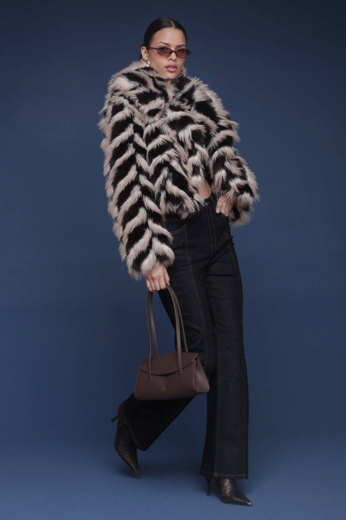 Chelly Chevron Faux Fur Coat