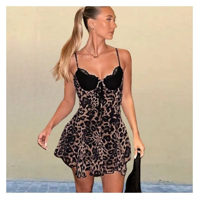 Leopard Print Lace Trim Sleeveless Mini Dress