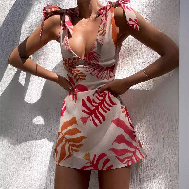 Sleeveless Tie-Waist Mini Dress With Floral Print