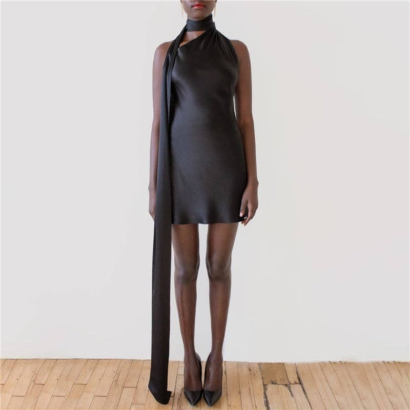 Adjustable Neckline Satin Cocktail Dress
