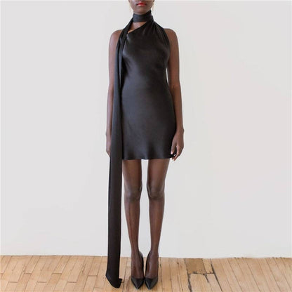 Adjustable Neckline Satin Cocktail Dress